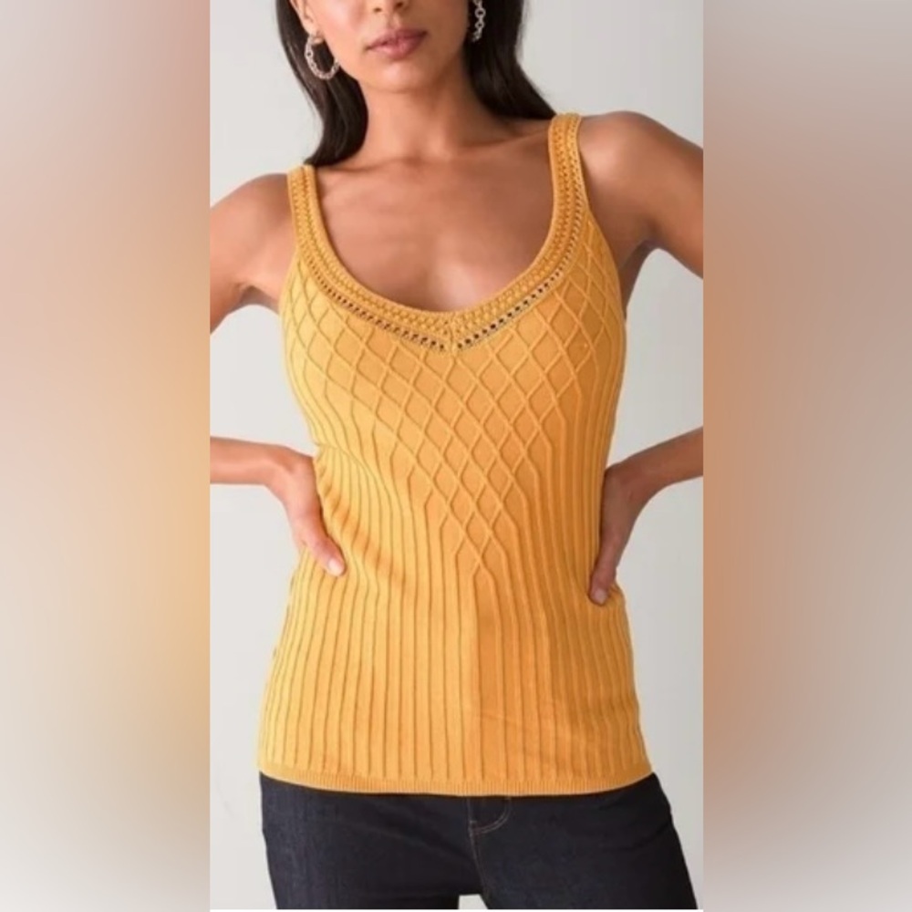 White House Black Market Women's Gold V-Neck Blouse Knit Detail Top
Size Small